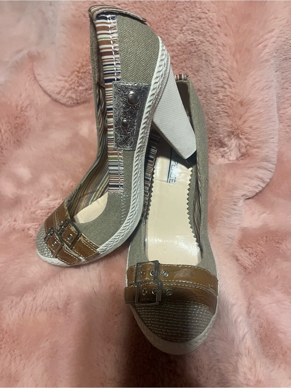 Neutral boho Canvas and Tan Wedge Peep-Toe Heels